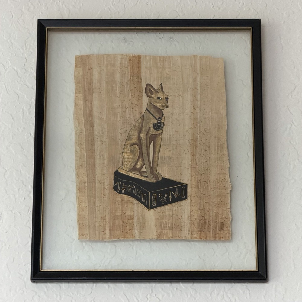 Egyptian Papyrus Paper Wall Art Cat God Bastet Framed Hieroglyphics Handmade